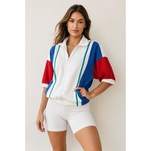 Vintage Zip Top Medium Retro 80s Terrycloth Colorblock Track Sporty Athleisure